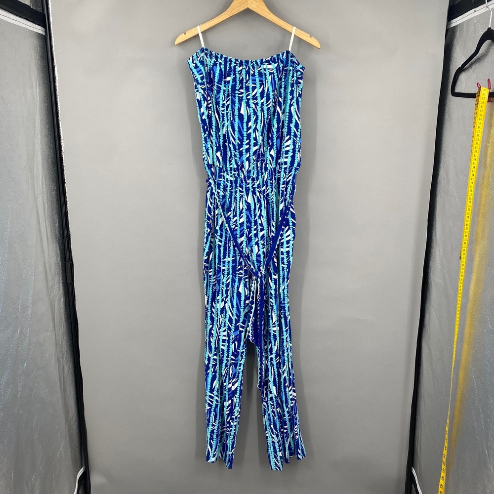 Lilly Pulitzer Strapless Wide Leg Jumpsuit Palm Leaf Print Blue Teal White XL